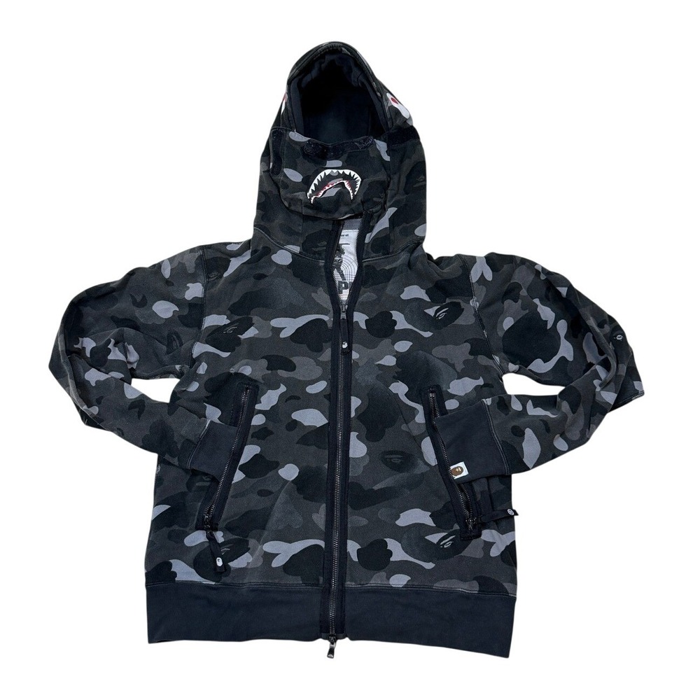 A Bathing Ape BAPE Shark Full Zip Hoodie Small Grey Camo Good WGM Mask